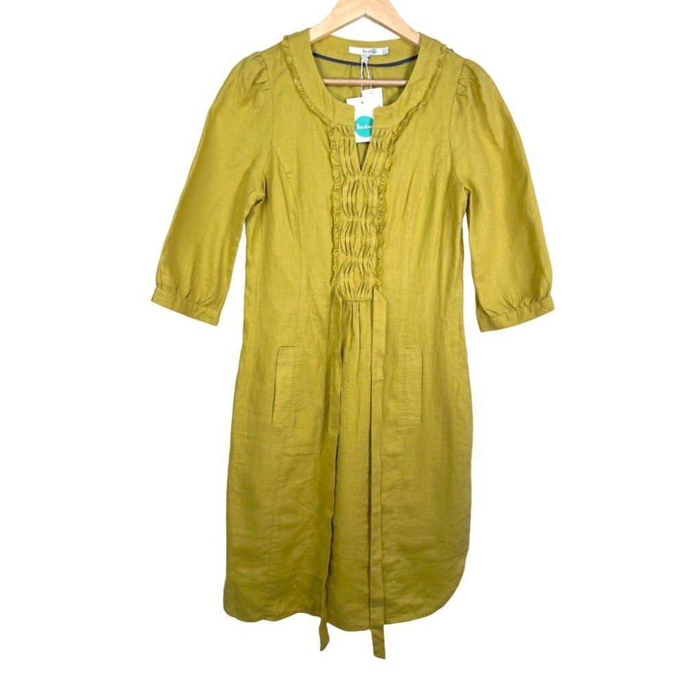 BODEN‎ Linen Pleat Notch Neck Dress mustard color sz 6